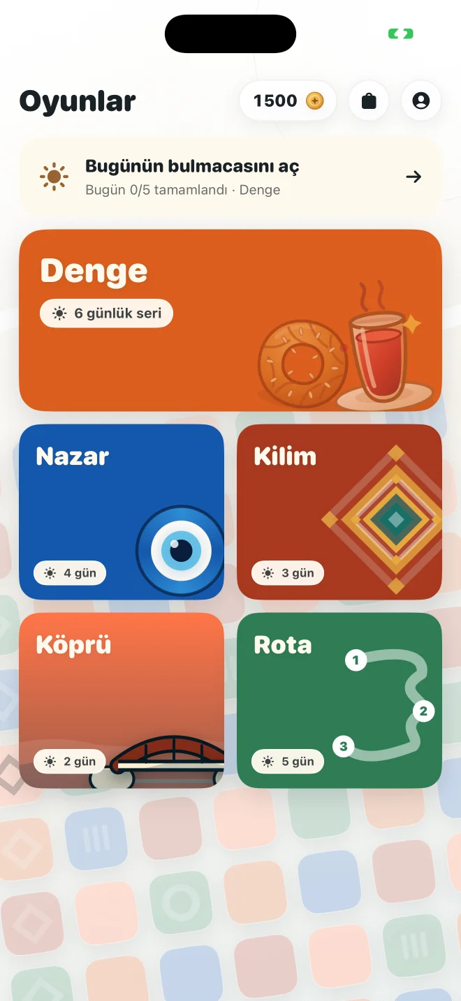 Günlük ana ekranı: bugünün bulmacası ve beş oyunun kartları.
